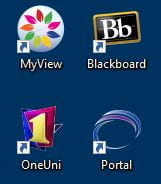 Desktop Icons for MyView, Blackboard, OneUni, Portal. Screenshot.