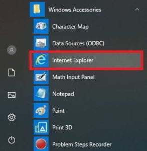 Internet Explorer as shown in Windows menu. Screenshot.