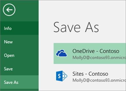 Screenshot of the Save As OneDrive option in Excel.