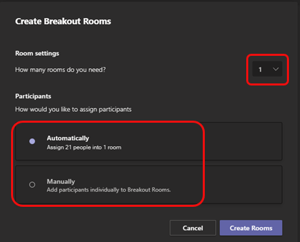 Screenshot of the Create Breakout Rooms window with the room number drop-down highlighted. The options for assigning users to rooms automatically or manually are also highlighted.