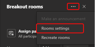 Screenshot showing the "Rooms settings" button in the more options menu. 