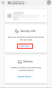 Screenshot showing the Security Info tile with a link titled "Update Info".