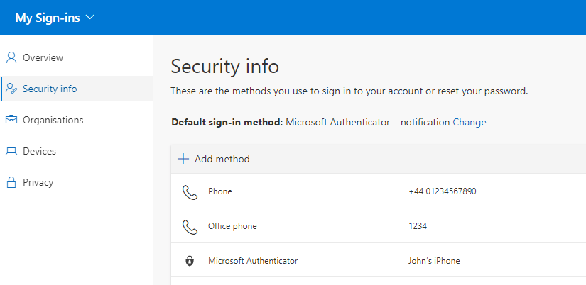 A screenshot of the Security Info screen.