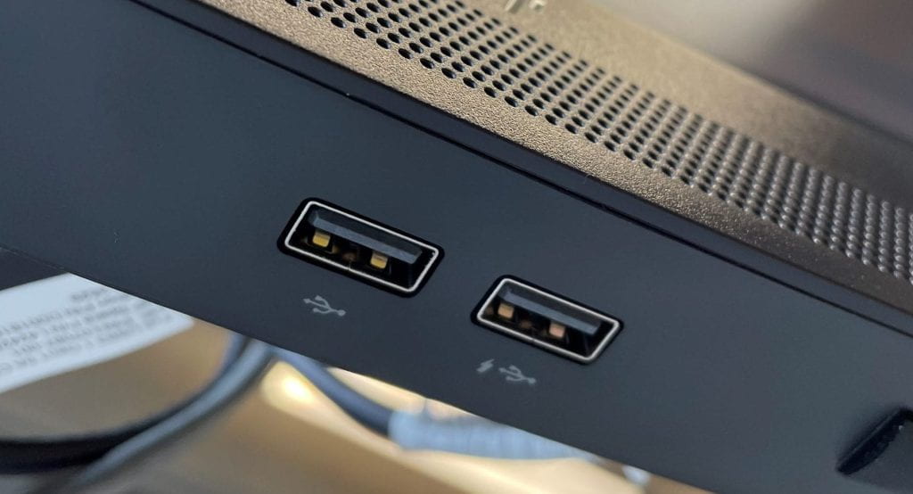 A picture of the underside of the centre of the HP E34m G4 with two USB ports showing.