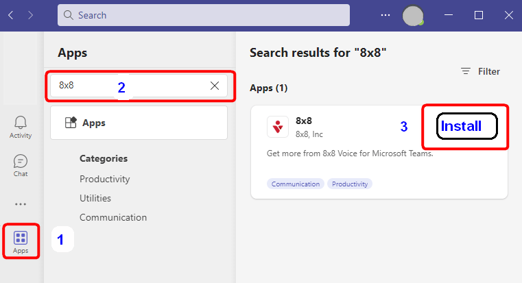 A screenshot of the Apps window in Teams with search results for 8x8.