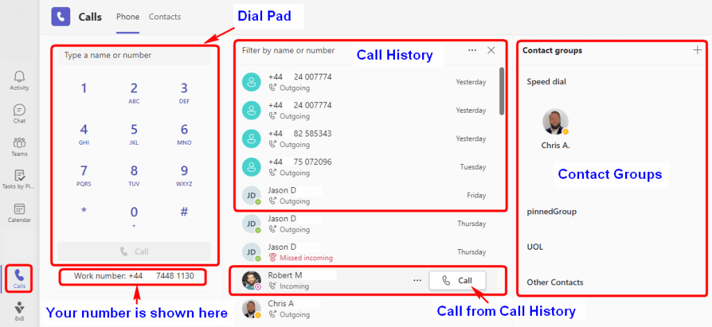 A screenshot of the Calls Phone tab in Teams Telephony. The Dial Pad, work number, Call History, Calls from Call History and Contact Groups have been highlighted.
