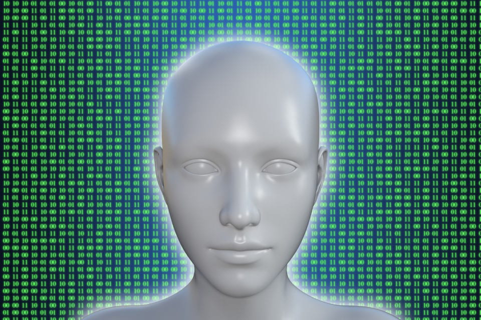 Robotic Head with Binary Code Background