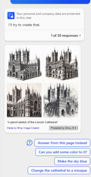 A screenshot of generated "pencil sketches of the Lincoln Cathedral" in BingChat.
